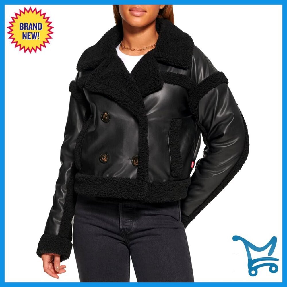 Sherpa Lined Cropped Moto Jacket Vegan Leather Button Front